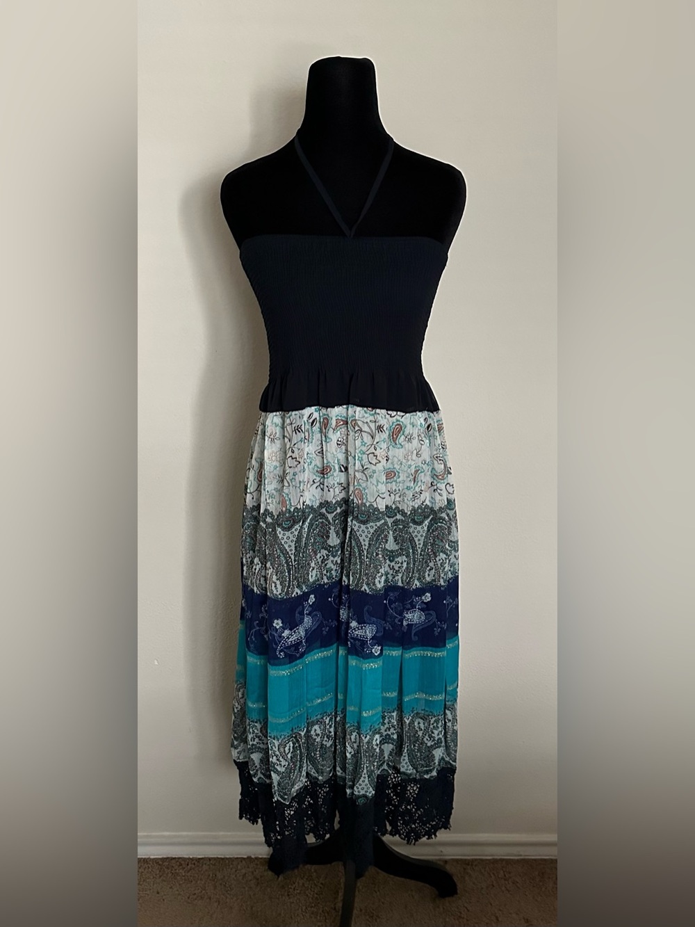 TERIA YABAR Strapless Boho Midi Dress in Navy and Teal Paisley - Picture 2 of 14